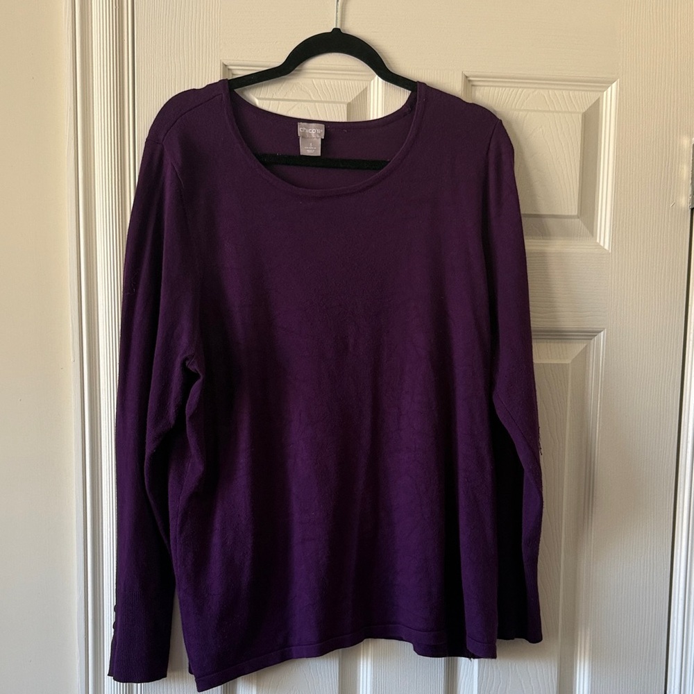 Chico's Rich Purple Long sweater with button on sleeves/wrist  size 3